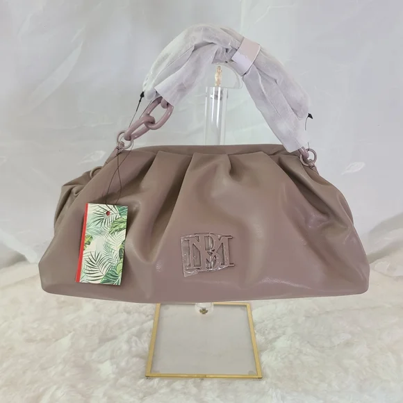 Badgley Mischka Vegan Leather Taupe Pleated Logo Shoulder Bag – NWT - Picture 2 of 10